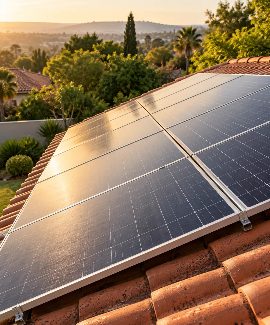 Illustrative residential rooftop solar array in warm afternoon light