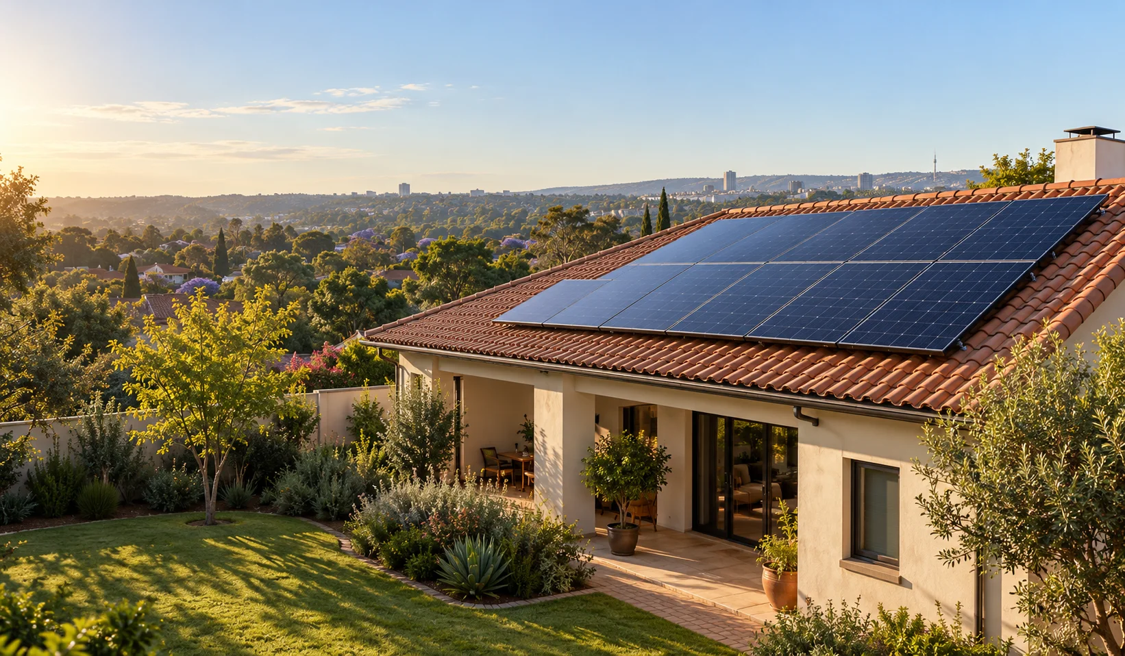 Illustrative Pretoria-style home with rooftop solar panels